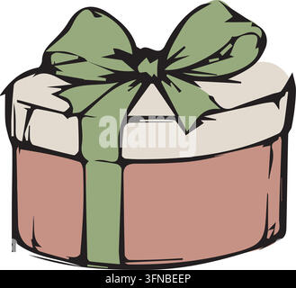 Round Pink Gift Box with Green Bow Stock Vector