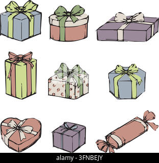 Nine Hand Drawn Gift Boxes Set Stock Vector
