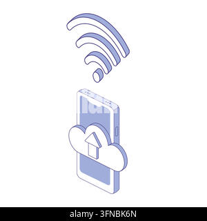Isometric line illustration of phone with cloud upload and Wi-Fi sign. Stock Vector