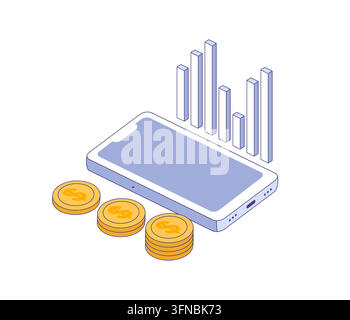 Online payments, price change, mobile phone, coin stacks, bar chart. Vector isometric. Stock Vector