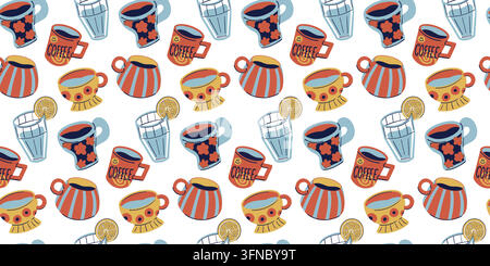 Seamless pattern with cute coffee mugs and tea cups. Hand drawn drinkware vector repeating print Stock Vector