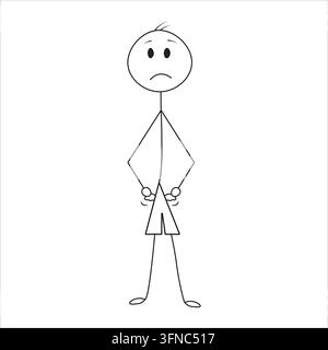 Vector cartoon stick figure illustration of a sad or worried man standing with his hands on his hips, showing empty or inside-out pockets Stock Vector