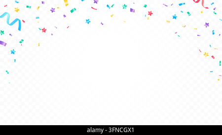Colorful confetti border with streamers and stars on transparent background. Festive frame for birthday, party, celebration or invitation. Falling Stock Vector