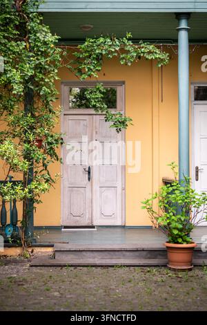 Wooden door framed by warm ochre facade, green veranda column and lush climbing foliage in Tbilisi Stock Photo
