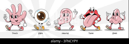 Human five senses organ retro 1930s style rubber hose cartoon characters set for medical design, featuring touch, sight, hearing, taste and smell. Vec Stock Vector