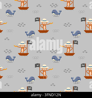 The pirate monkey cartoon so cute on ship.on fish whale gray background.pattern seamless vector and illustration. Stock Vector