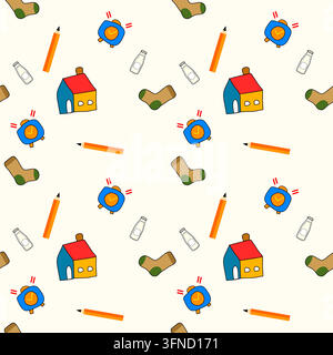 Back to school cartoon so cute.on milk pencil school sock alarm clock white background.pattern seamless vector and illustration. Stock Vector