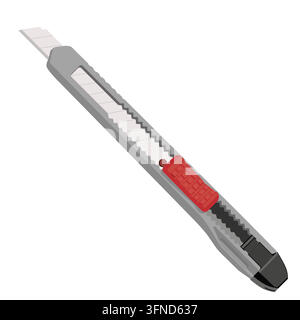 Vector illustration of gray snap off utility knife with red slider button, segmented blade extended, isolated on white, realistic flat style, statione Stock Vector
