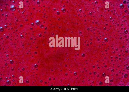 Glass of red viburnum soda drink on background. Close up, top view. Appetizing fresh drink of bright scarlet cranberry or cherry or redcurrant or vibu Stock Photo