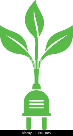 Green electrical plug with plant leaves growing from it, icon of renewable energy and eco electricity Stock Vector