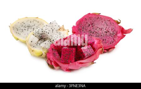 Cut ripe pitahaya fruits isolated on white Stock Photo