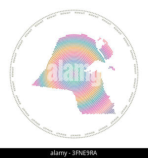 Kuwait round logo. Digital style shape of Kuwait in dotted circle with country name. Tech icon of the country with gradiented dots. Stock Vector