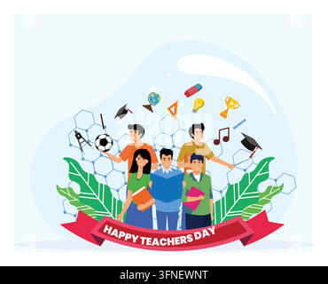 A festive celebration of teachers, featuring teachers, educational tools, and cheerful banners reading Happy Teacher's Day. Flat vector modern illustr Stock Vector
