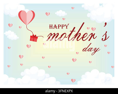 Mother's Day greeting card with heart shaped balloons, a gift, and soft clouds on a light-colored background, symbolizing love, celebration, and appre Stock Vector
