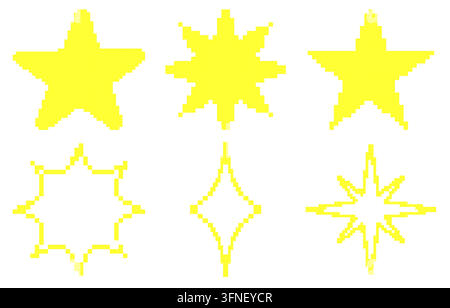 Pixel y2k Retro Abstract Shape of Yellow shine and Stars. Pixel art vector illustration. Digital Brutalist techno Symbol on white background. Stock Vector