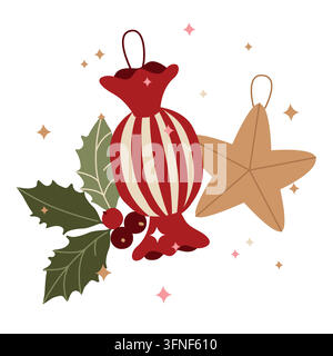 Hand-drawn vintage Christmas tree ornament and holly berry festive composition for winter seasonal decor, packaging, greeting card Stock Vector
