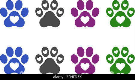 Set of animal paw print icons in blue, gray, purple, and green colors featuring embedded heart symbols on a clean white background vector illustration Stock Vector