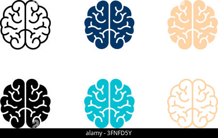 Set of human brain icons in black, dark blue, cyan, and beige color variations featuring outline and filled graphic styles for neurology and psychology Stock Vector