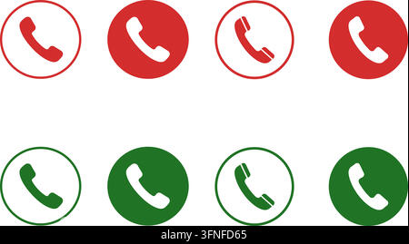 Set of telephone call icons in red and green colors featuring filled circle shapes with handset receiver symbols for communication user interface design Stock Vector