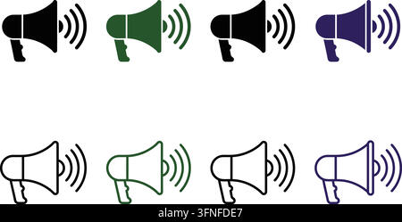Set of megaphone and loudspeaker icons in black, green, and purple color variations featuring solid and outline graphic styles for communication Stock Vector