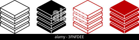 Set of stacked square layers and database icons in black and red color variations featuring isometric outline and solid graphic styles for user interface Stock Vector