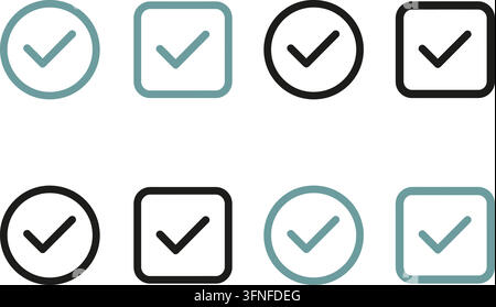 Set of check mark icons in black and teal color variations featuring circular and square outline shapes for user interface design and web applications Stock Vector