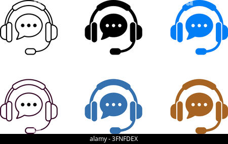Set of customer service headset icons in outline, black, blue, purple, slate, and brown color variations featuring speech bubbles with dots for communication Stock Vector