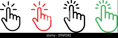 Set of click cursor and touch hand icons in black, red, and green color variations featuring pointing finger outline and solid graphic styles for user Stock Vector