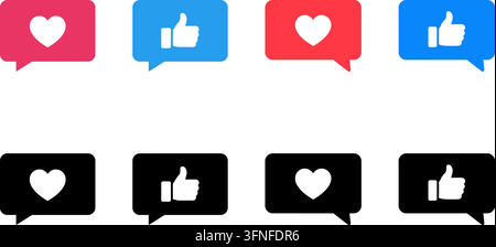 Set of like and heart social media interaction icons in red, blue, and black color variations featuring solid graphic styles for user interface design Stock Vector