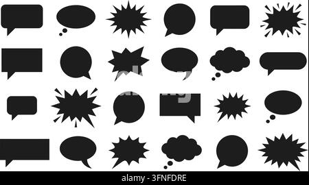 Set of speech bubble and thought bubble icons in black color variations featuring various solid graphic shapes for communication and chat interface design Stock Vector
