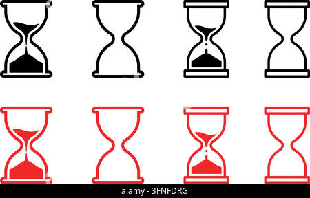 Set of hourglass and sand glass timer icons in black and red color variations featuring solid and outline graphic styles for time management Stock Vector