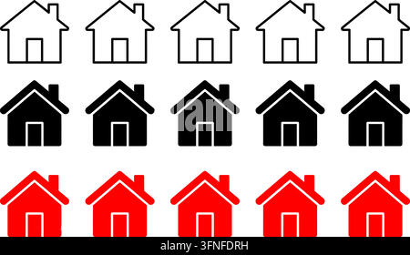 House Home Real Estate Vector Icon Set Collection in Outline Solid Black and Red Colors for Web Application Interface UI UX Architecture Building Stock Vector
