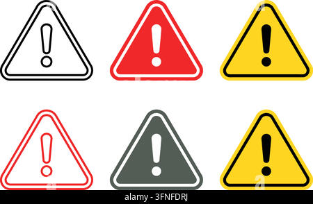 Set of warning and exclamation mark icons in black, red, yellow, and grey color variations featuring outline and solid graphic styles for safety design Stock Vector