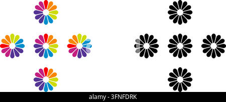 Set of flower and daisy icons in multicolor and black variations featuring petal graphic styles for nature and floral design applications Stock Vector