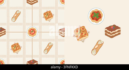 Coquette Italian and mediterranean food seamless pattern. Hand drawn patchwork print with Italian Mediterranean element. Summer vacation background. Stock Vector