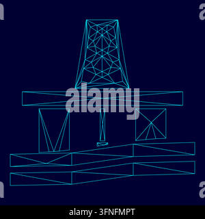 Petroleum platform low poly triangulation triangulated polygonal electric cyan blue vibrant aqua neon color vector illustration image outline contour Stock Vector