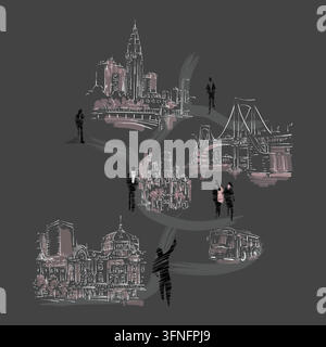 Hand-drawn sketch style illustration of Tokyo, Japan, featuring Tokyo Tower, Rainbow Bridge, city skyline, historic station, and silhouette figures co Stock Vector