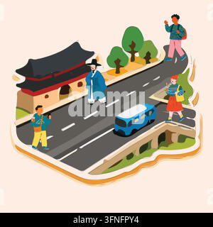 Isometric vector illustration of Korea travel featuring a traditional palace, hanbok character, blue bus, and tourists on the road Stock Vector