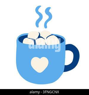 Hot cocoa mug winter drink marshmallows blue heart steam, hand drawn vector illustration with a rounded cup, pale topping, curved handle and rising Stock Vector