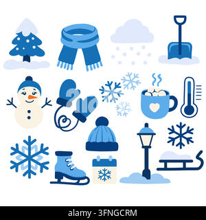 Snow winter collection trees scarves mittens snowflakes mugs skates shovels, hand drawn vector illustrations in a clean blue palette with varied seaso Stock Vector