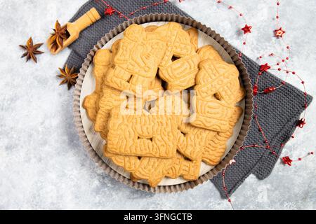 Spekulatius cookies or biscuits, spiced gingerbread with cinnamon, clove and cardamom, traditional christmas holiday pastry, homemade baking Stock Photo