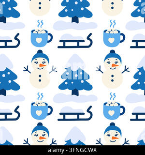 Winter seamless pattern snowmen trees mugs sleds blue snowflakes, hand drawn vector repeat combining varied seasonal objects with soft clouds and Stock Vector