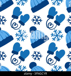 Mittens seamless pattern snowflakes blue hats winter accessories, hand drawn vector repeat combining heart shaped gloves, knitted caps and geometric Stock Vector