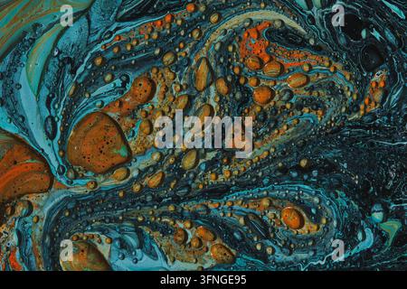 Cosmic abstract fluid art design with deep blue tones, dark patterns, and golden cells Stock Photo