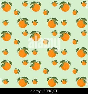 Seamless pattern with fresh orange fruits, green leaves and small citrus accents on a soft mint background. Bright botanical design for textiles, pack Stock Vector