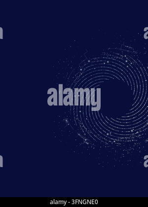 Concentric digital rings and fine circuit details form a spiral vortex on deep blue. Editable vector artwork. Bright nodes accent the rings. Open left Stock Vector