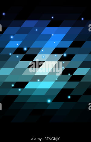 Layered parallelogram tiles form luminous horizontal bands on a black background. Scattered luminous points accent the geometric surface. Stock Vector
