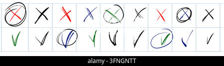 Check, circles and cross mark icon. Set highlight circle and oval in doodle style. Pencil line scribble vector illustration. Hand drawn note checkmark Stock Vector