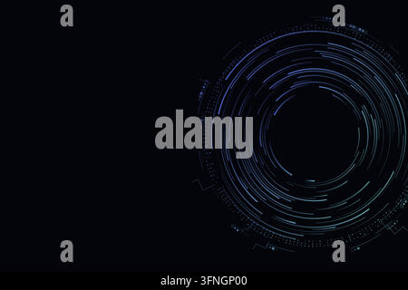 Concentric digital rings and fine circuit details form a circuit core on black. Editable vector artwork. Open left copy space for text. Stock Vector
