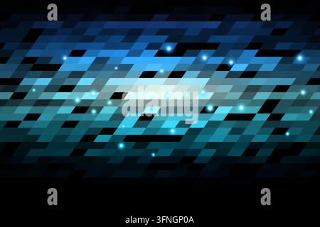 Layered parallelogram tiles form luminous horizontal bands on a black background. Scattered luminous points accent the geometric surface. Stock Vector